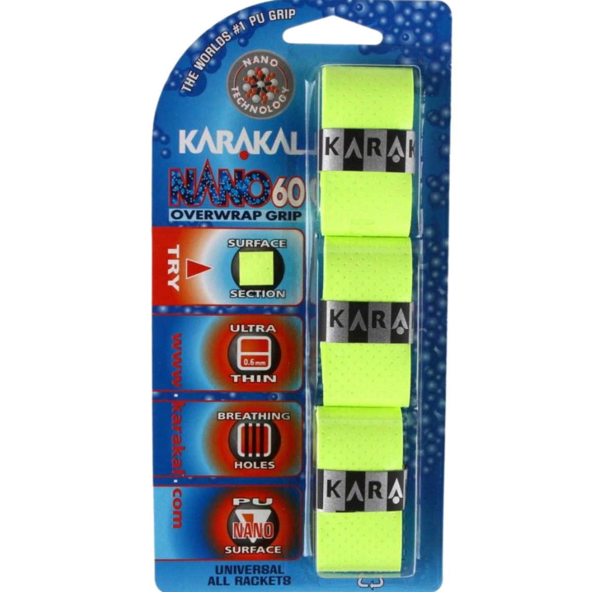 Pack de 3 surgrips de badminton Karakal Nano 60 couleur jaune fluo