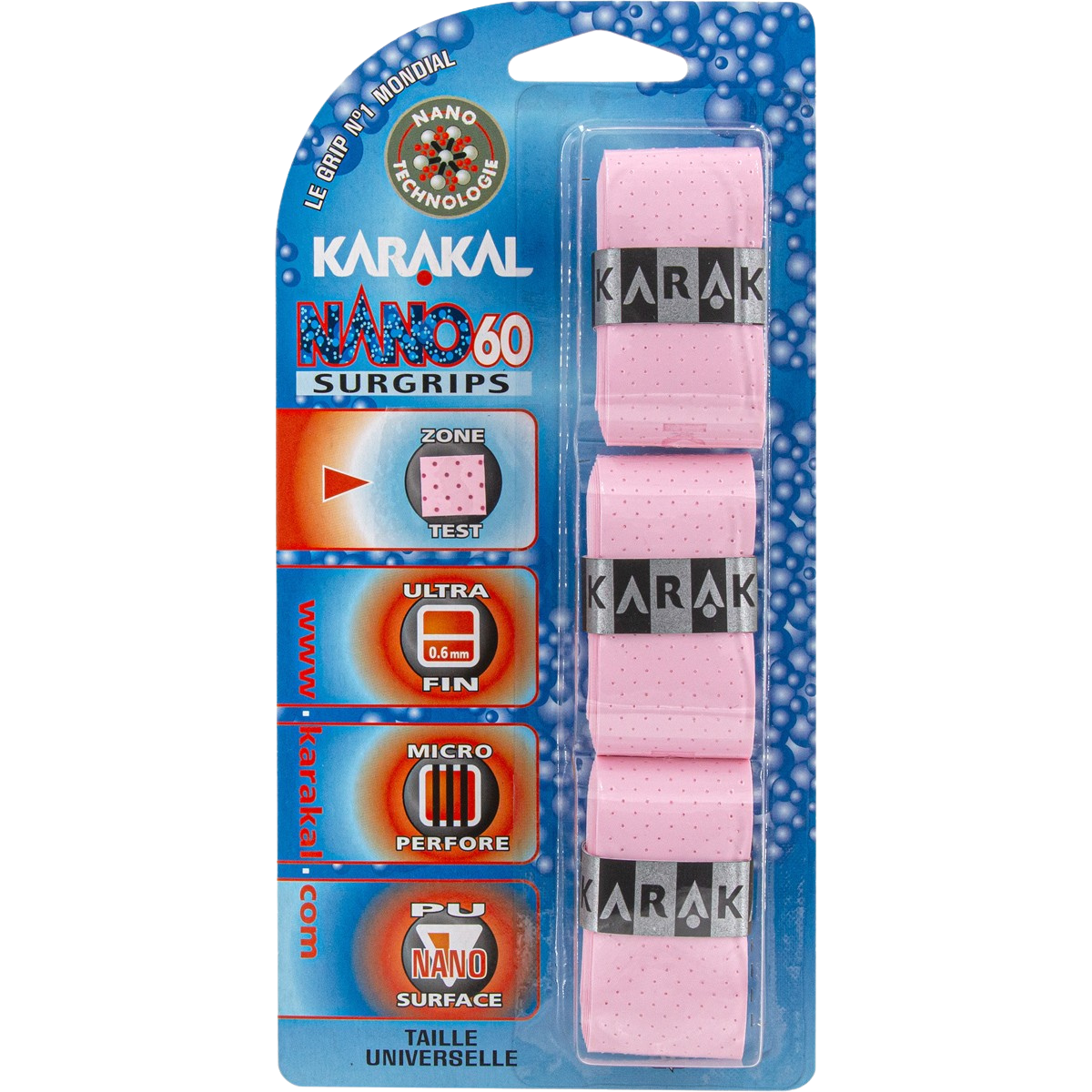 Pack de 3 surgrips de badminton Karakal Nano 60 couleur rose