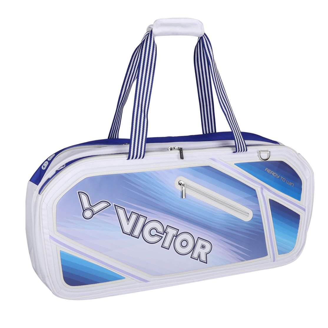 Sac de badminton rectangulaire Victor BR9616EX AB bleu et blanc avec compartiments pour raquettes et chaussures.