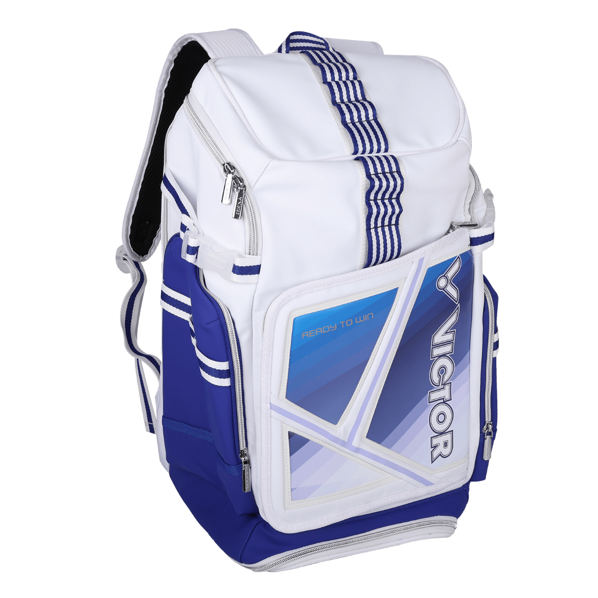 Sac à dos de badminton Victor BR9016EX AB bleu et blanc avec compartiments pour raquettes et chaussures.