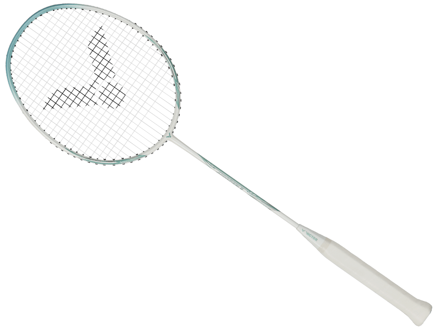 Raquette de badminton Victor Auraspeed 9 R coloris blanc et bleu, vue de profil sur le cadre Aero-Sword.