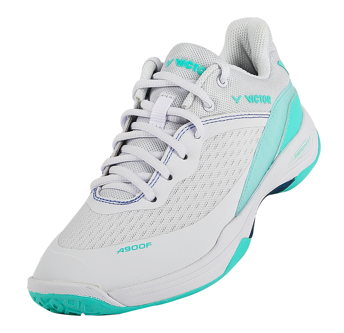 Vue du dessus de la chaussure de badminton Victor A900F AR montrant la coupe ajustée V-Shape et le système de laçage performant.