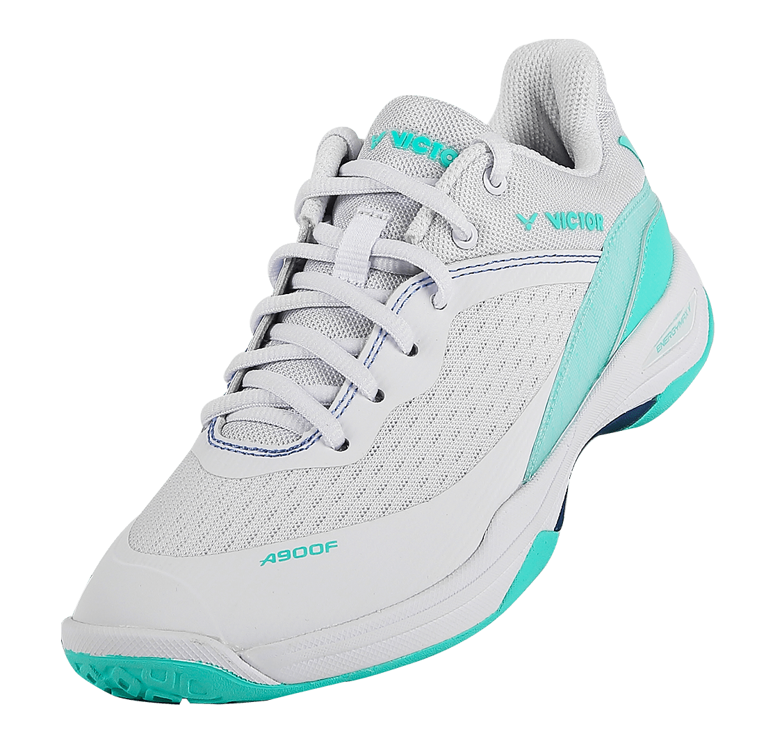 Vue du dessus de la chaussure de badminton Victor A900F AR montrant la coupe ajustée V-Shape et le système de laçage performant.