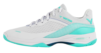 Chaussures de badminton pour femme Victor A900F AR blanche et rose, vue de profil mettant en avant la légèreté de la semelle HYPEREVA.