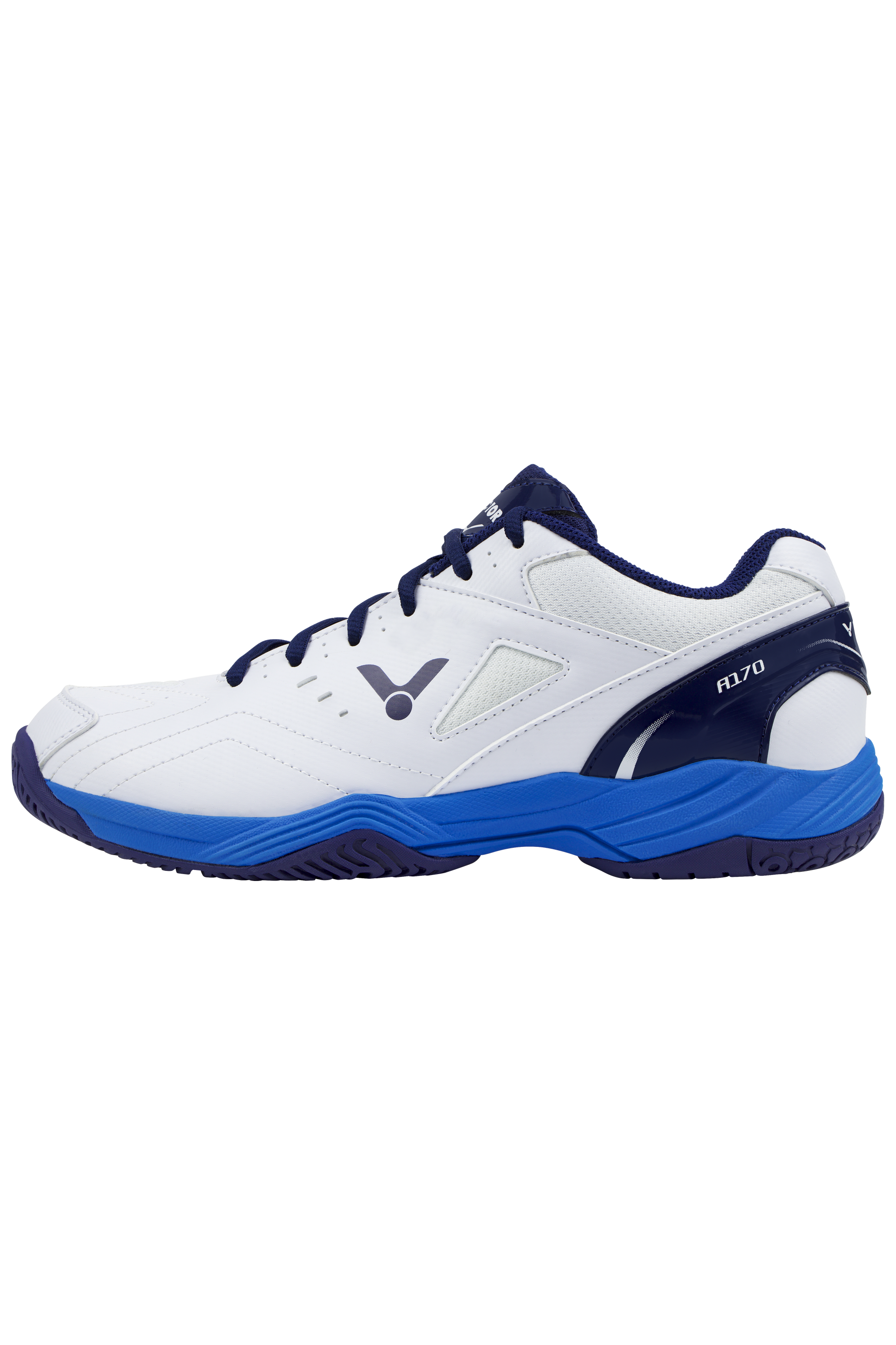Chaussure de badminton Victor A170 A blanche et blanche, vue de profil mettant en valeur la semelle en caoutchouc indoor.