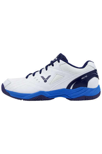 Chaussure de badminton Victor A170 A blanche et blanche, vue de profil mettant en valeur la semelle en caoutchouc indoor.