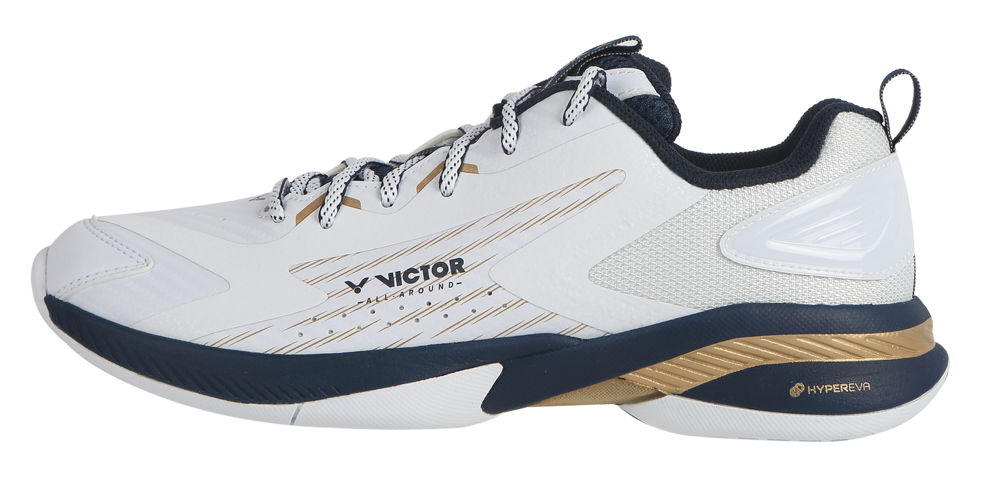 Chaussure de badminton Victor A970TD AX blanche et or, vue de profil montrant la semelle intermédiaire HYPEREVA.