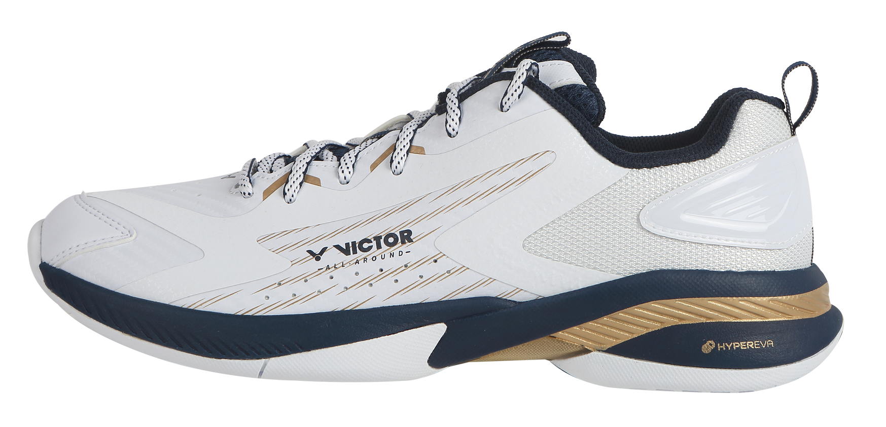Chaussure de badminton Victor A970TD AX blanche et or, vue de profil montrant la semelle intermédiaire HYPEREVA.