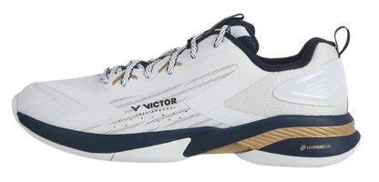 Chaussure de badminton Victor A970TD AX blanche et or, vue de profil montrant la semelle intermédiaire HYPEREVA.