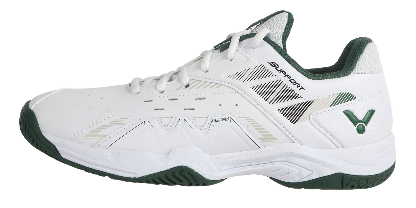 Chaussures de badminton Victor P8500CLS AG blanches avec détails vert sapin, vue de profil