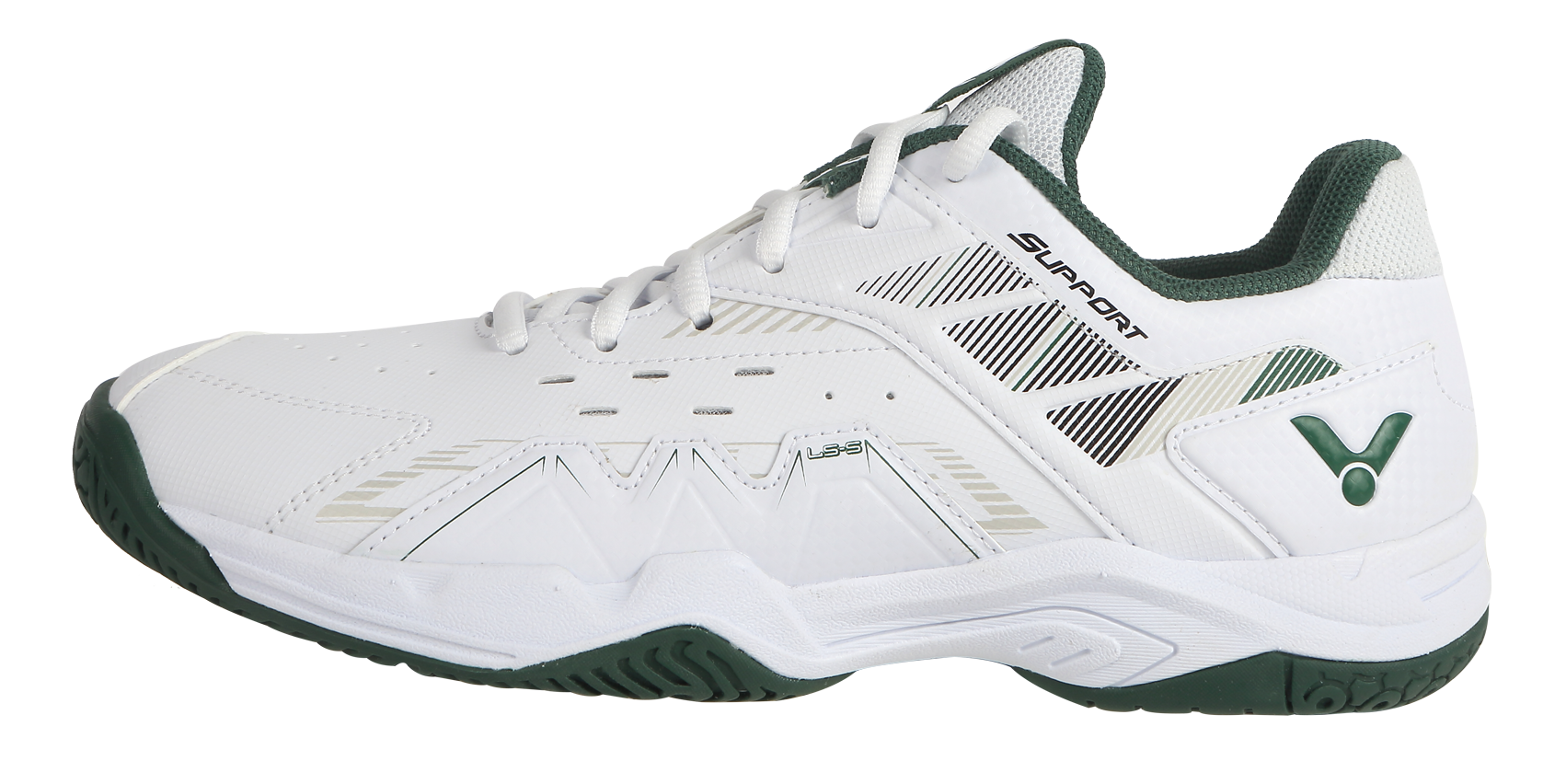 Chaussures de badminton Victor P8500CLS AG blanches avec détails vert sapin, vue de profil
