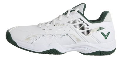 Chaussures de badminton Victor P8500CLS AG blanches avec détails vert sapin, vue de profil