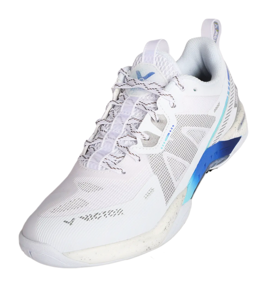 Gros plan sur le mesh respirant et la technologie d'amorti NitroLite de la chaussure Victor S82III AF.