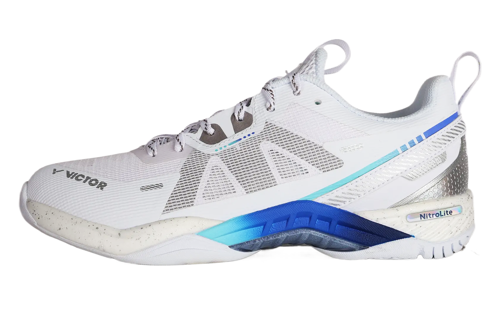 Chaussure de badminton unisexe Victor S82III Nitrolite AF blanche et bleue, vue de profil.