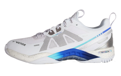 Chaussure de badminton unisexe Victor S82III Nitrolite AF blanche et bleue, vue de profil.