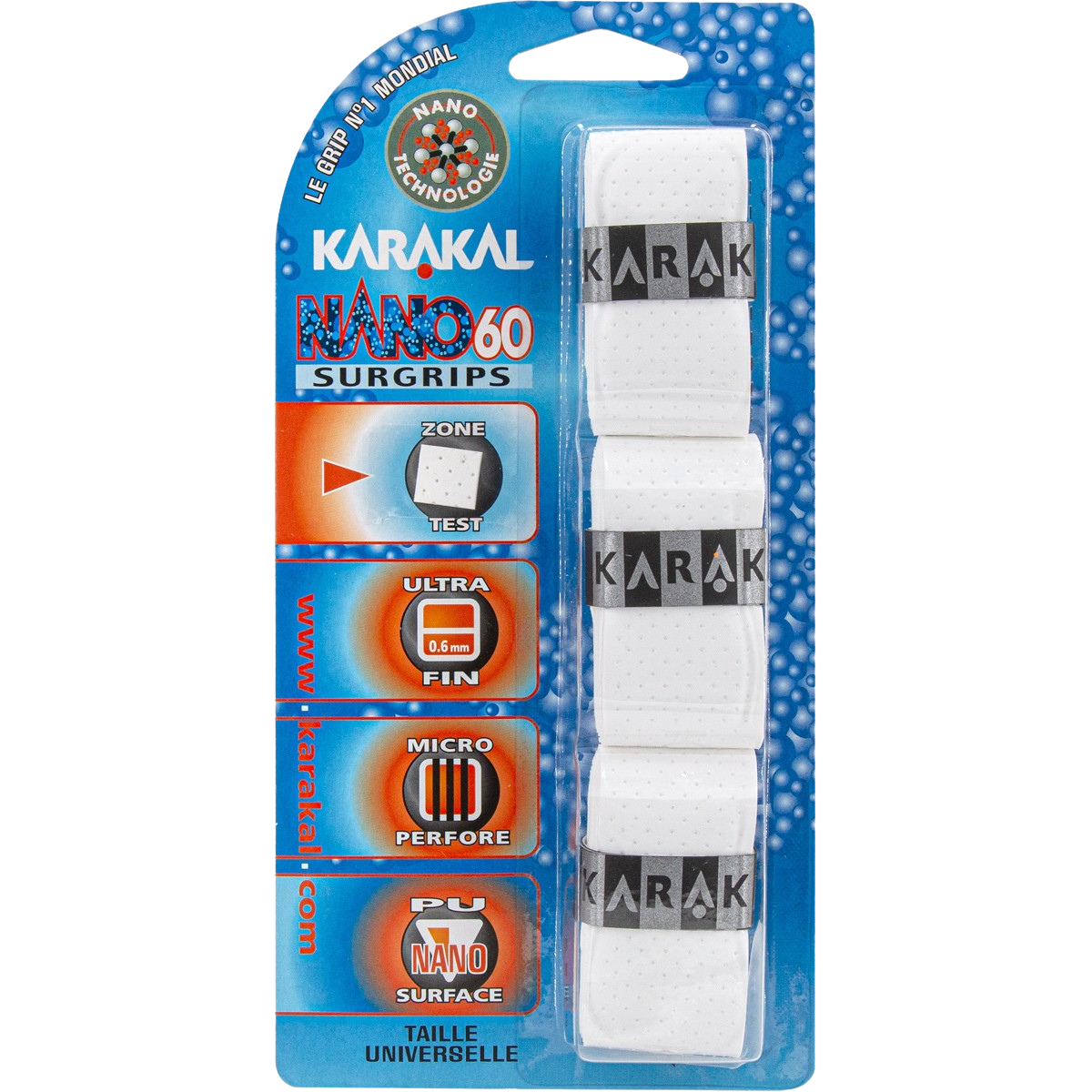 Pack de 3 surgrips de badminton Karakal Nano 60 couleur blanc