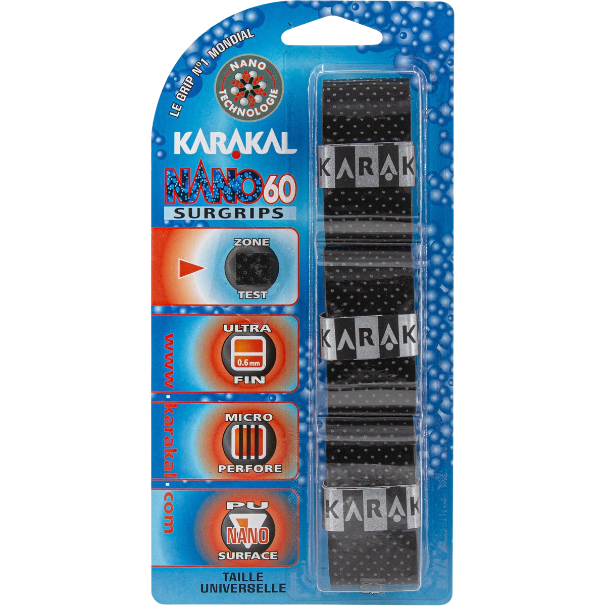 Pack de 3 surgrips de badminton Karakal Nano 60 couleur noir