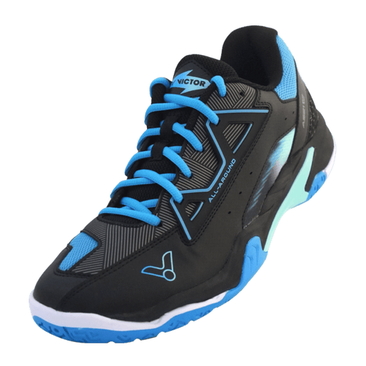 Chaussures de badminton indoor Victor A531W C avec semelle non marquante et empeigne renforcée.