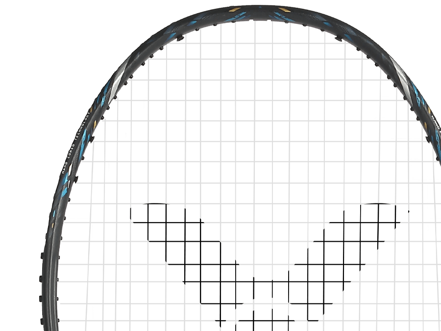 Raquette de badminton Victor Auraspeed 100X ULTRA G grise et noire avec détails techniques sur le cadre et manche Free Core.