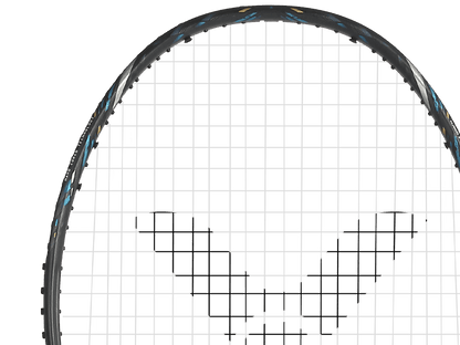 Raquette de badminton Victor Auraspeed 100X ULTRA G grise et noire avec détails techniques sur le cadre et manche Free Core.