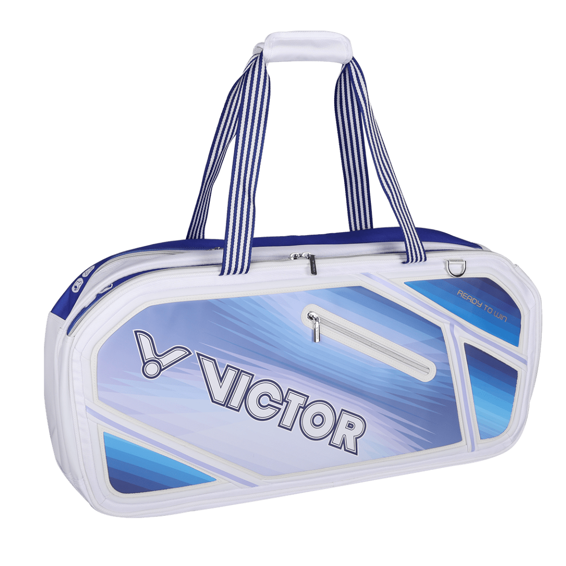 Sac de badminton rectangulaire Victor BR9616EX AB bleu et blanc avec compartiments pour raquettes et chaussures.