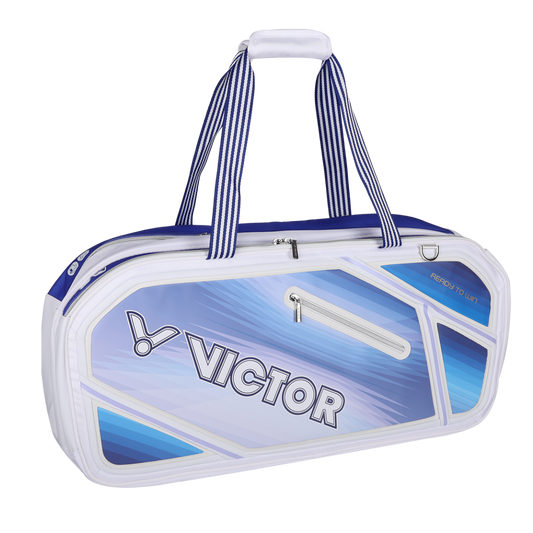 Sac de badminton rectangulaire Victor BR9616EX AB bleu et blanc avec compartiments pour raquettes et chaussures.