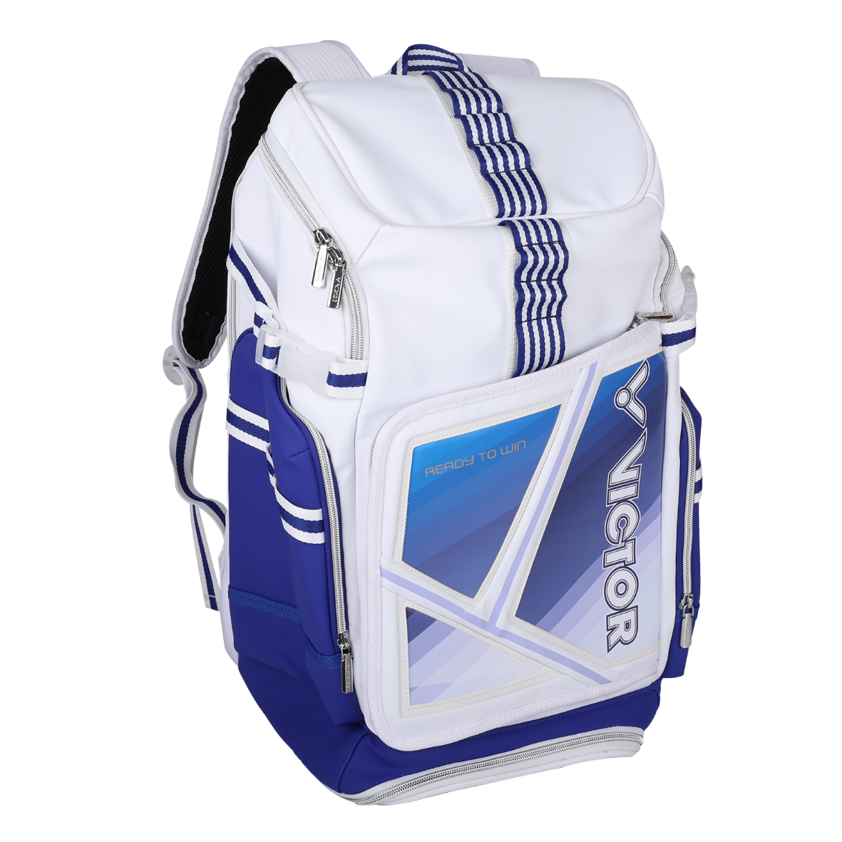 Sac à dos de badminton Victor BR9016EX AB bleu et blanc avec compartiments pour raquettes et chaussures.
