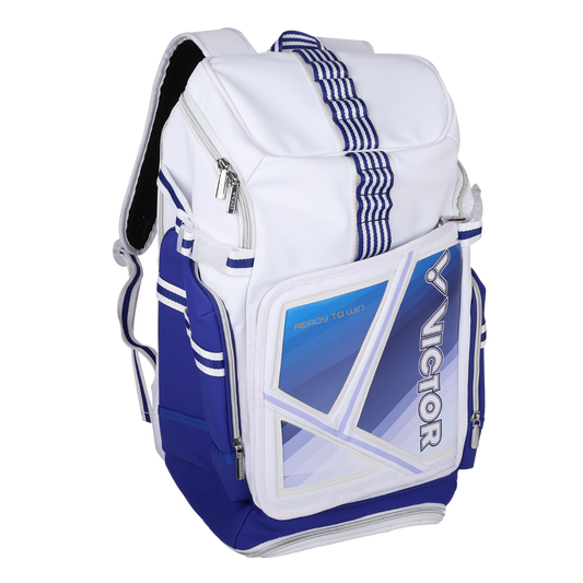 Sac à dos de badminton Victor BR9016EX AB bleu et blanc avec compartiments pour raquettes et chaussures.