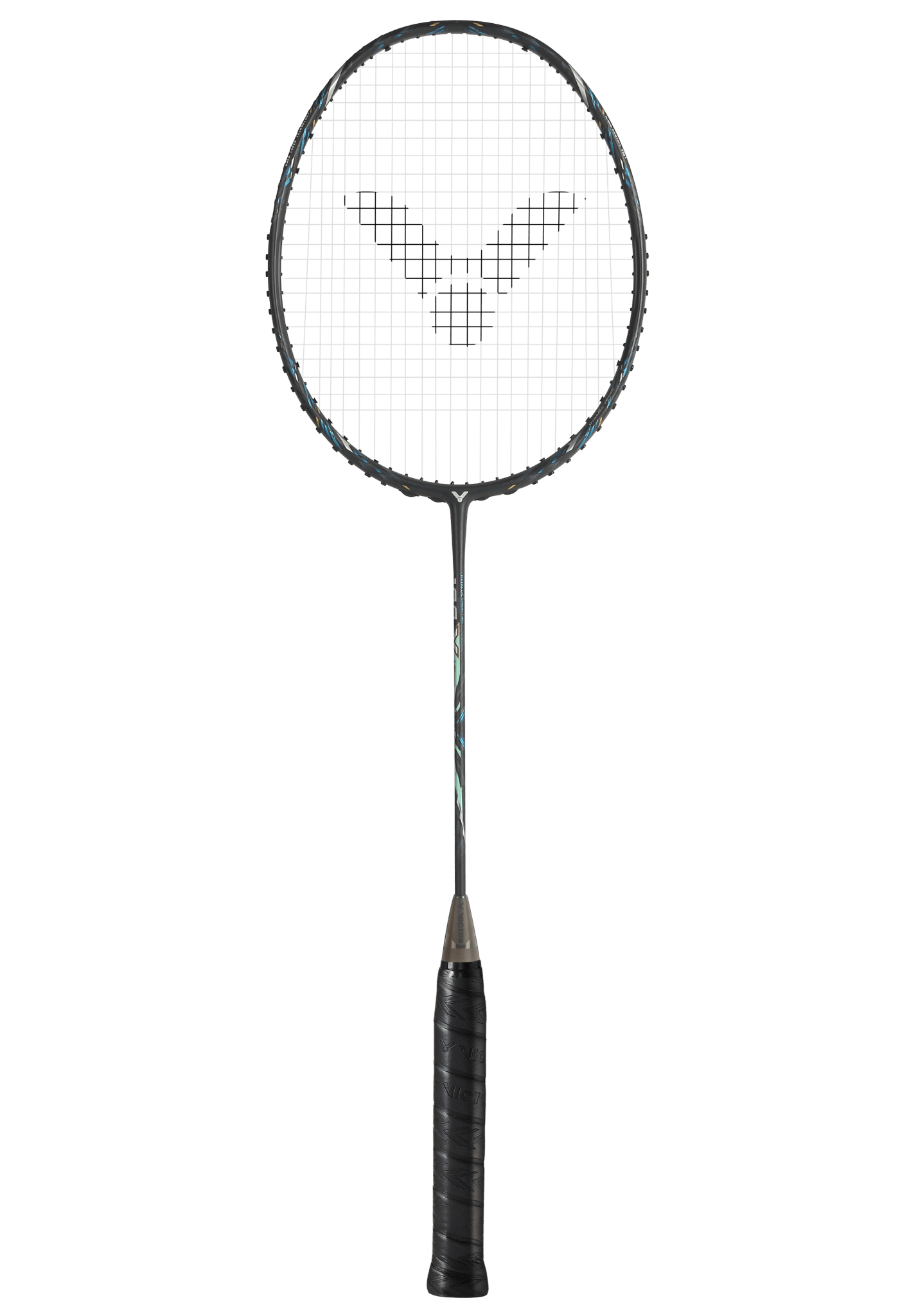Raquette de badminton Victor Auraspeed 100X ULTRA G grise et noire avec détails techniques sur le cadre et manche Free Core.