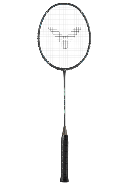 Raquette de badminton Victor Auraspeed 100X ULTRA G grise et noire avec détails techniques sur le cadre et manche Free Core.