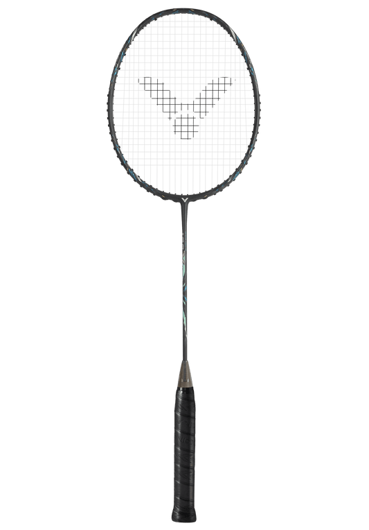 Raquette de badminton Victor Auraspeed 100X ULTRA G grise et noire avec détails techniques sur le cadre et manche Free Core.
