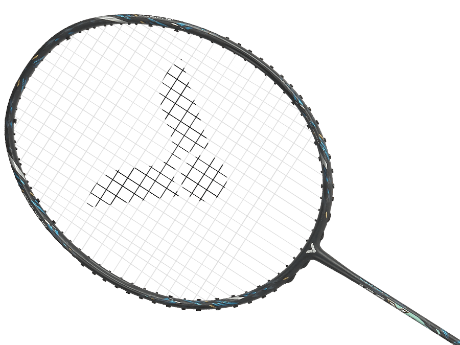 Raquette de badminton Victor Auraspeed 100X ULTRA G grise et noire avec détails techniques sur le cadre et manche Free Core.