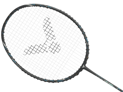 Raquette de badminton Victor Auraspeed 100X ULTRA G grise et noire avec détails techniques sur le cadre et manche Free Core.