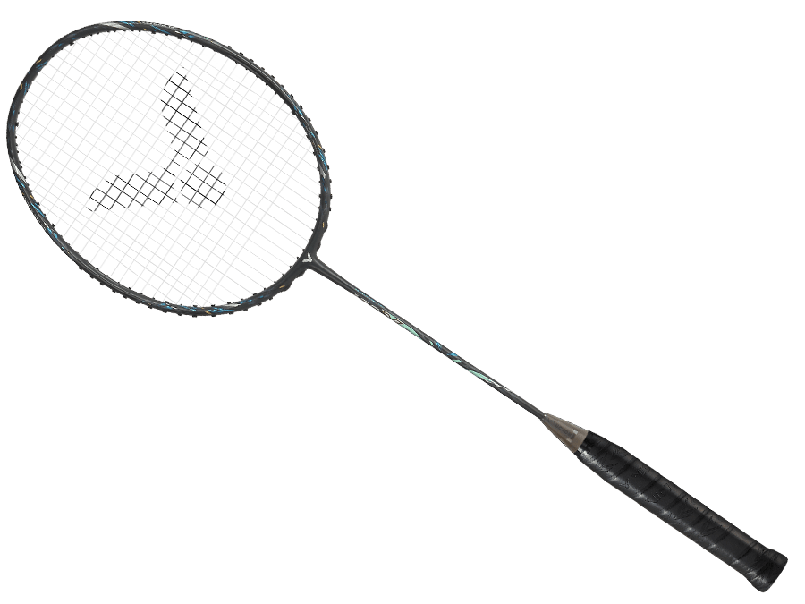 Raquette de badminton Victor Auraspeed 100X ULTRA G grise et noire avec détails techniques sur le cadre et manche Free Core.