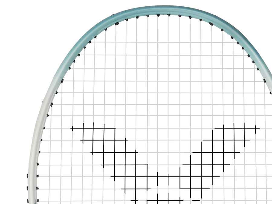Raquette de badminton Victor Auraspeed 9 R coloris blanc et bleu, vue de profil sur le cadre Aero-Sword.