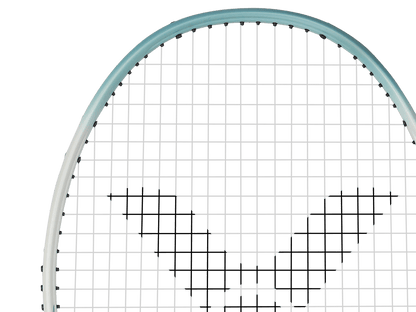 Raquette de badminton Victor Auraspeed 9 R coloris blanc et bleu, vue de profil sur le cadre Aero-Sword.