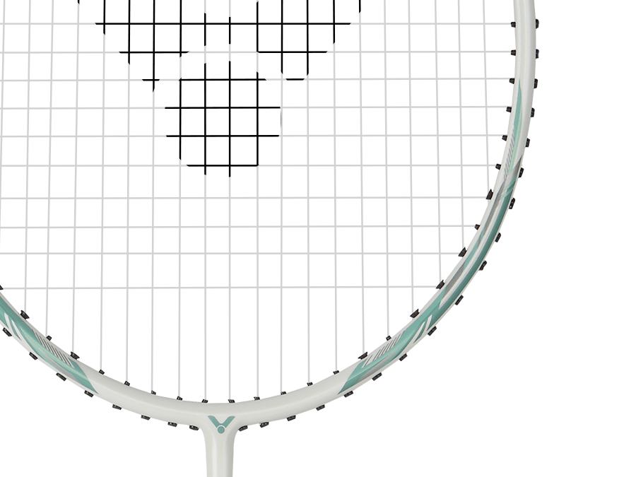 Raquette de badminton Victor Auraspeed 9 R coloris blanc et bleu, vue de profil sur le cadre Aero-Sword.