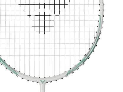 Raquette de badminton Victor Auraspeed 9 R coloris blanc et bleu, vue de profil sur le cadre Aero-Sword.