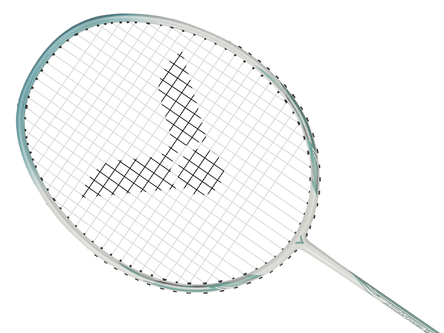 Raquette de badminton Victor Auraspeed 9 R coloris blanc et bleu, vue de profil sur le cadre Aero-Sword.
