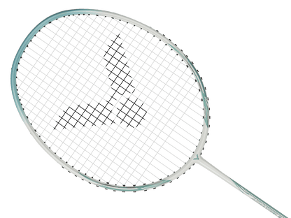 Raquette de badminton Victor Auraspeed 9 R coloris blanc et bleu, vue de profil sur le cadre Aero-Sword.