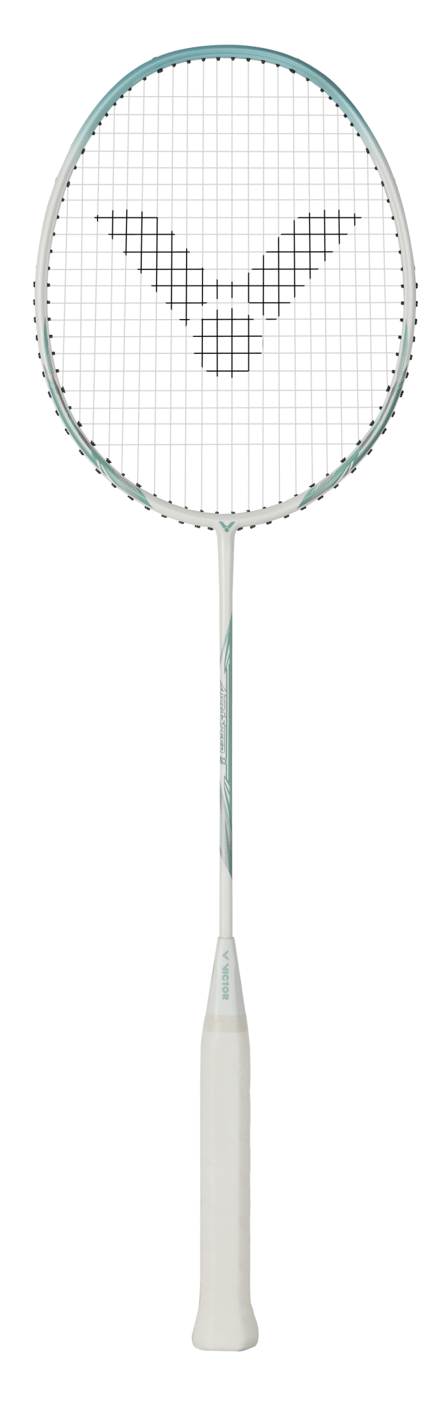 Raquette de badminton Victor Auraspeed 9 R coloris blanc et bleu, vue de profil sur le cadre Aero-Sword.