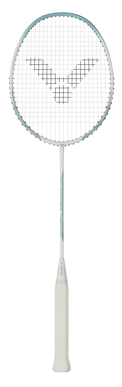 Raquette de badminton Victor Auraspeed 9 R coloris blanc et bleu, vue de profil sur le cadre Aero-Sword.