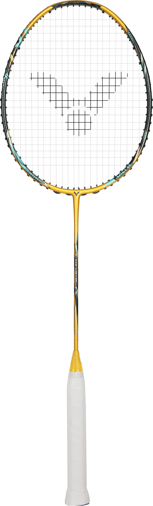 Raquette de badminton Victor Thruster F C Ultra X coloris noir et or, vue d'ensemble et focus sur le cadre technologique.