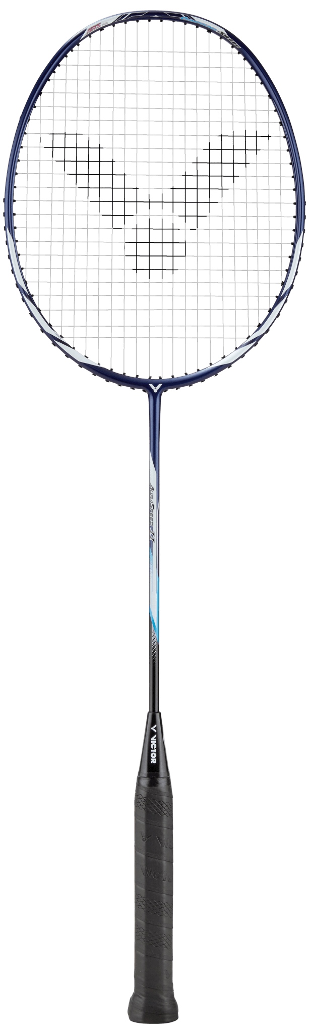 Raquette de badminton Victor Auraspeed 11B coloris bleu et blanc, vue de profil montrant le cadre aérodynamique.