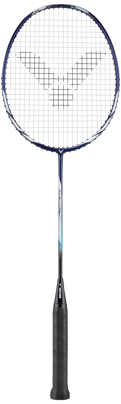Raquette de badminton Victor Auraspeed 11B coloris bleu et blanc, vue de profil montrant le cadre aérodynamique.