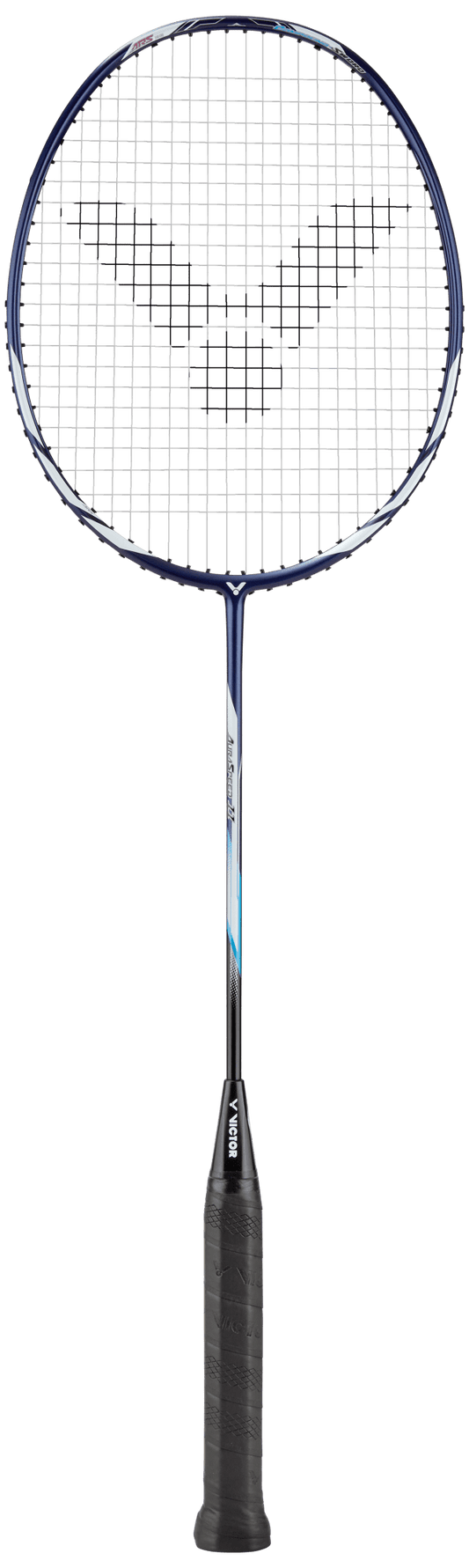 Raquette de badminton Victor Auraspeed 11B coloris bleu et blanc, vue de profil montrant le cadre aérodynamique.