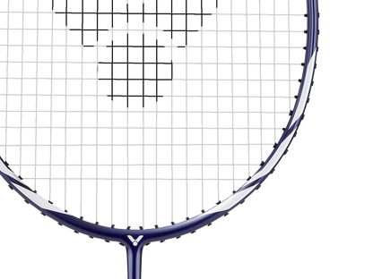 Raquette de badminton Victor Auraspeed 11B coloris bleu et blanc, vue de profil montrant le cadre aérodynamique.