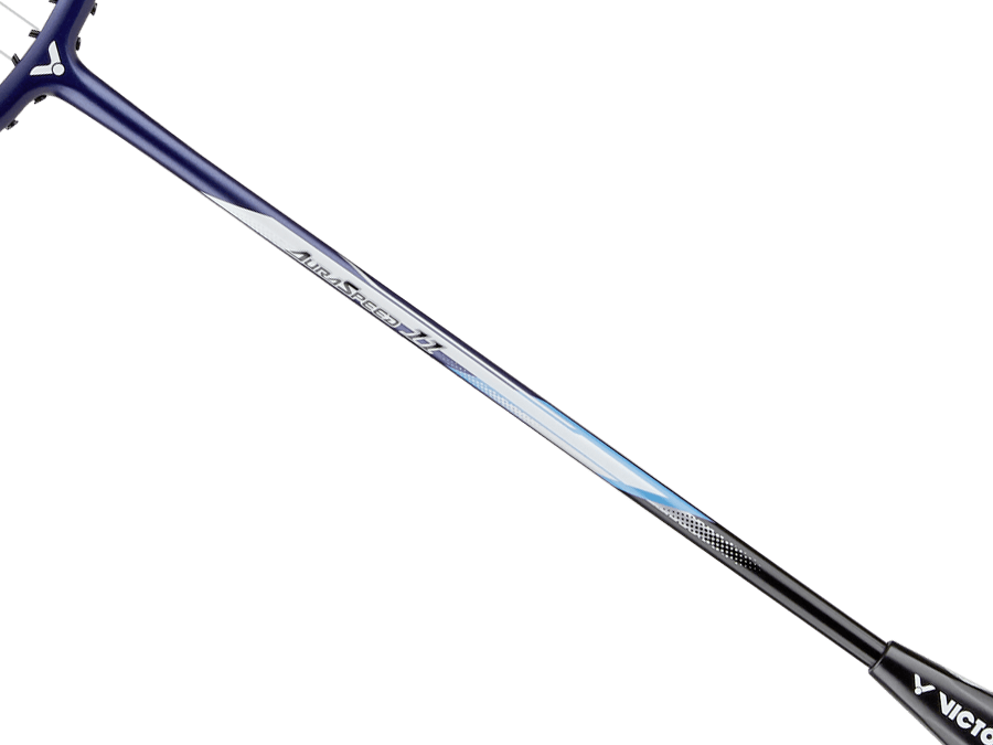 Raquette de badminton Victor Auraspeed 11B coloris bleu et blanc, vue de profil montrant le cadre aérodynamique.