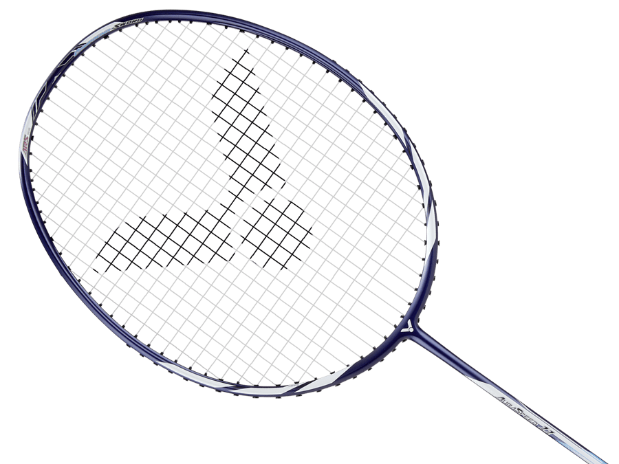 Raquette de badminton Victor Auraspeed 11B coloris bleu et blanc, vue de profil montrant le cadre aérodynamique.