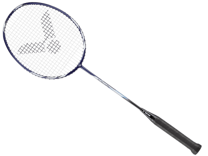 Raquette de badminton Victor Auraspeed 11B coloris bleu et blanc, vue de profil montrant le cadre aérodynamique.